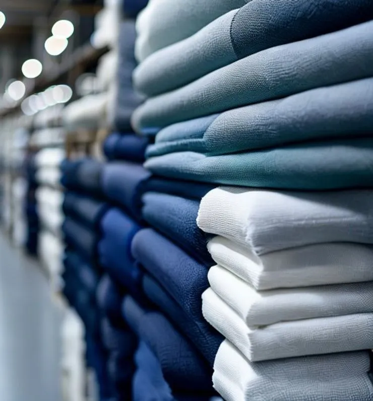 Bolts of finely woven fabric in navy, slate and off-white stacked in a textile warehouse