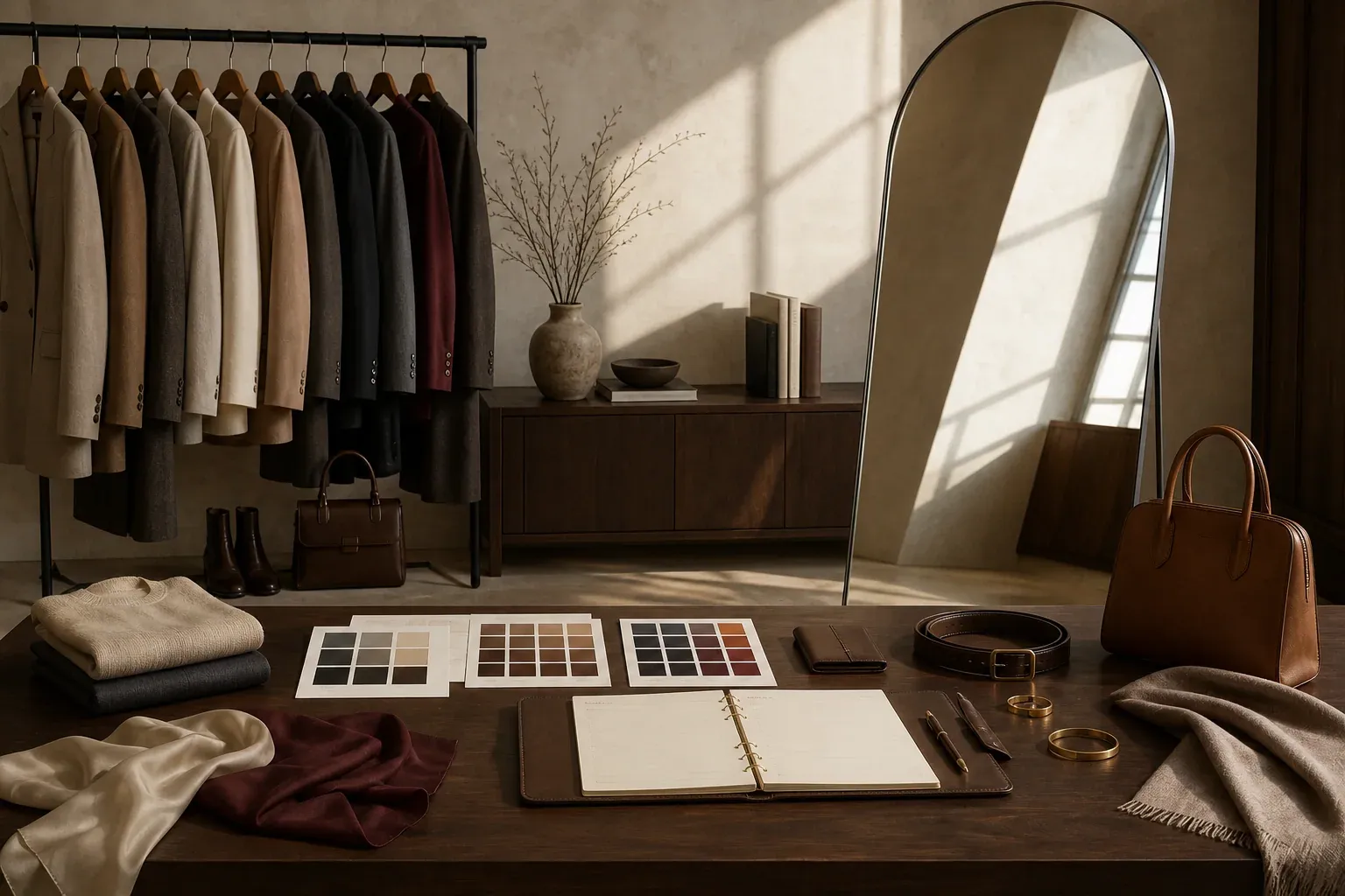 Estudio de imagen con armario, muestras de color, accesorios y cuaderno