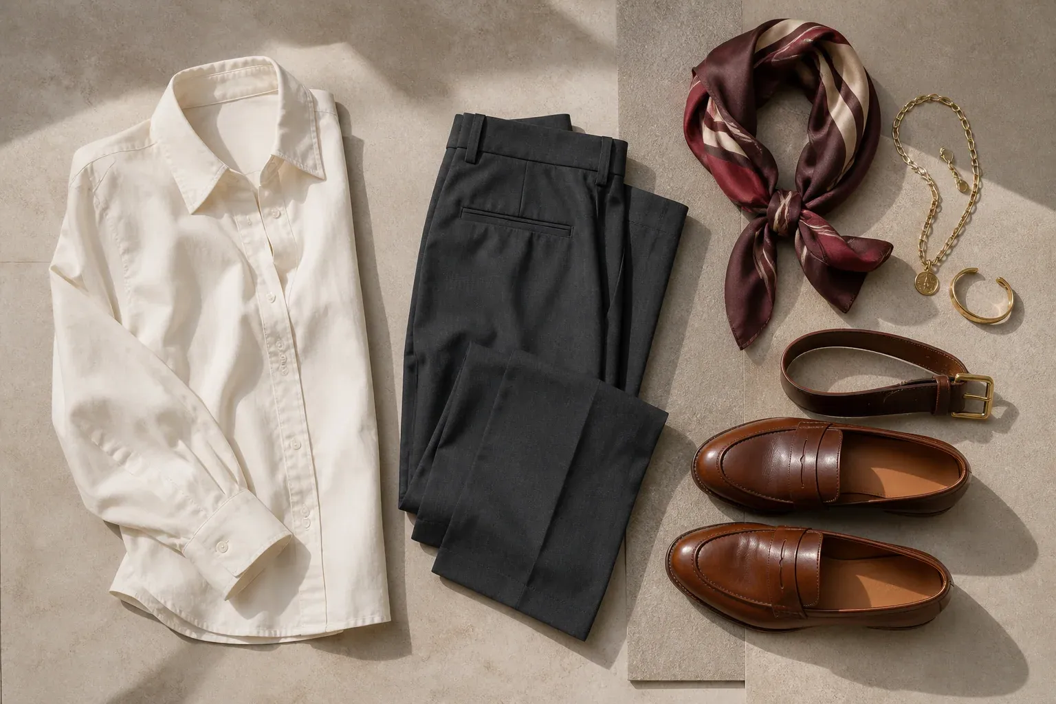 Conjunto neutro transformado con calzado, pañuelo y accesorios burdeos