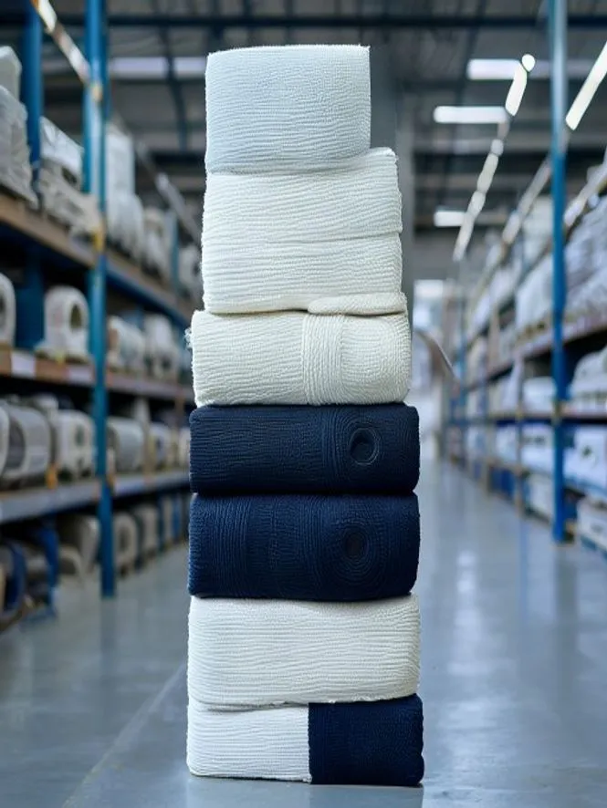 Rolls of woven fabric in navy and off-white stacked in a clean textile warehouse