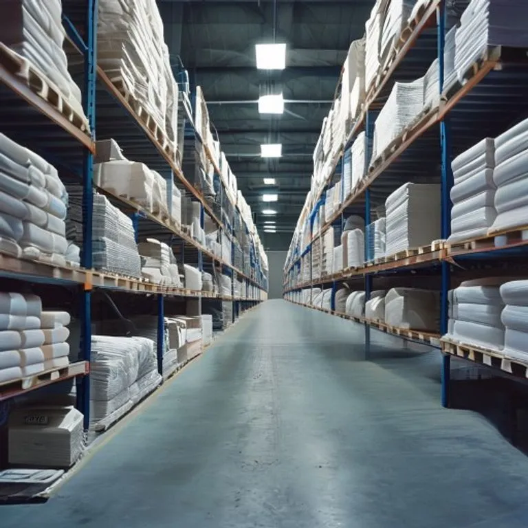 Orderly textile warehouse aisle with fabric stock ready for dispatch