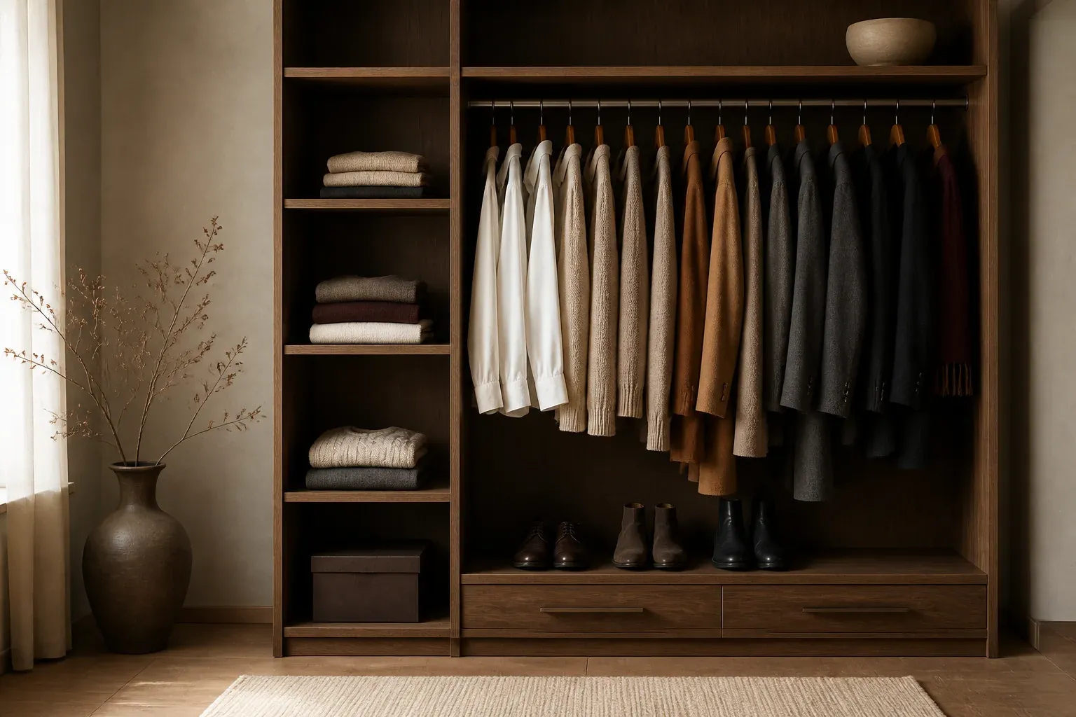 Armario de madera organizado por colores con una selección reducida de prendas
