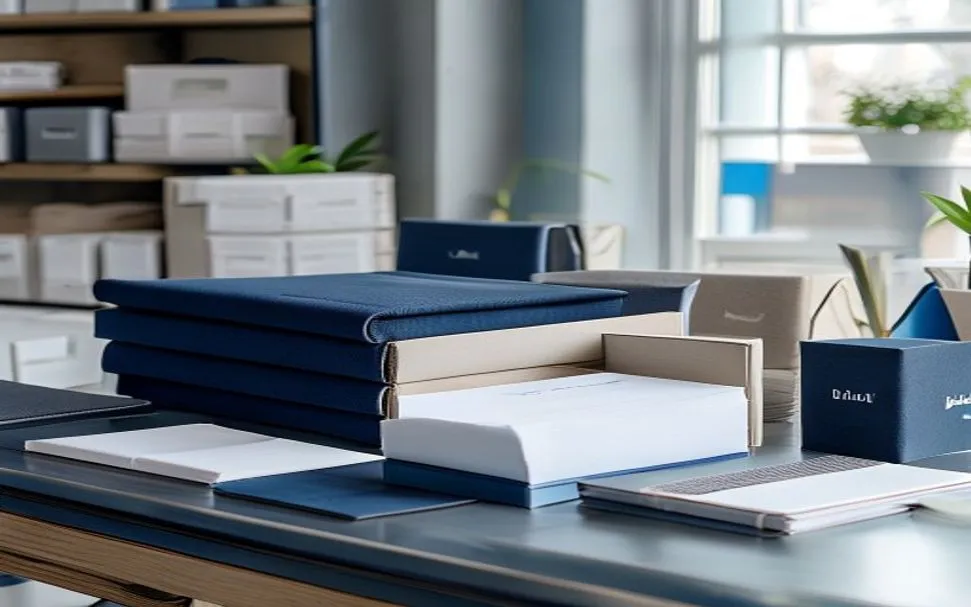 Neatly prepared textile sample folders and cartons on an export dispatch desk